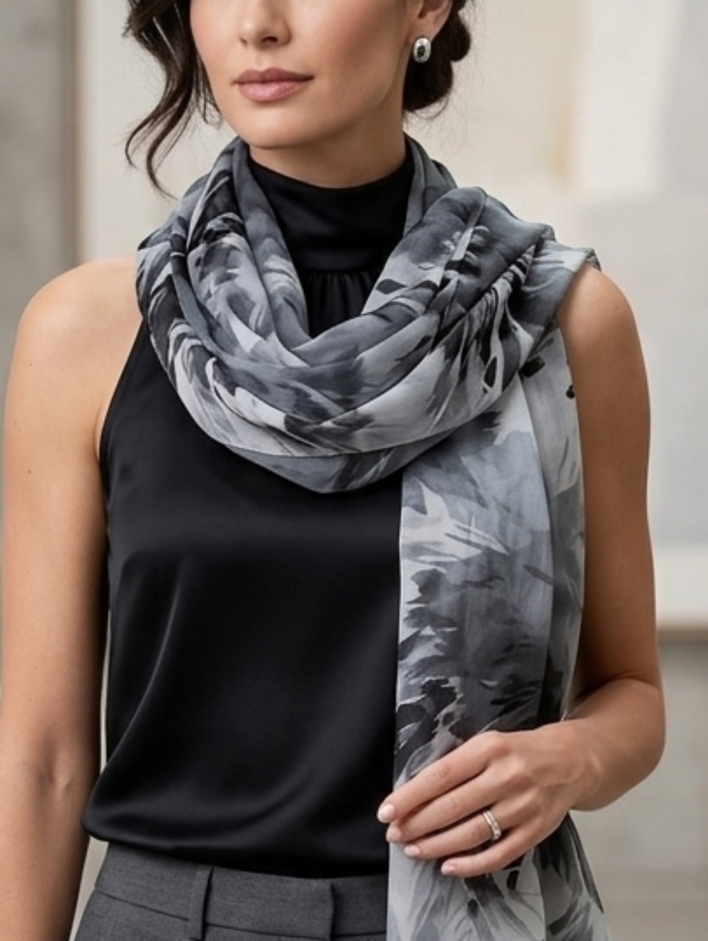 Elegant Gray and Black Floral Print Sheer Scarf